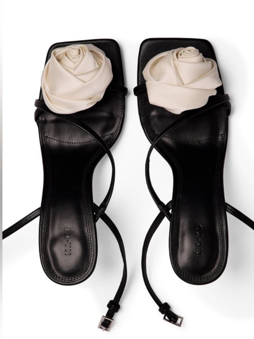 NA-KD Black strappy sandal heels with white satin rose